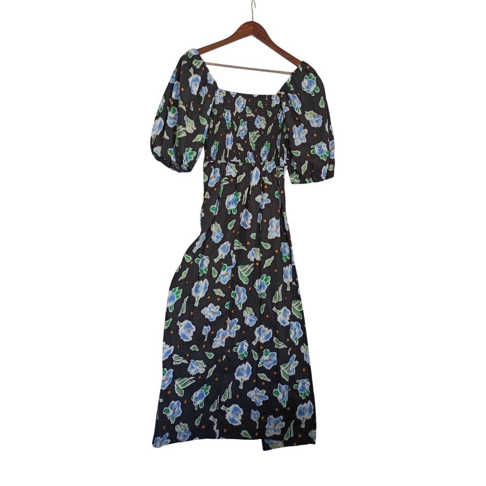 NWT Mello Day Cottagecore Black Floral Smocked Back Maxi Dress Puff Slve Slit S - Picture 14 of 14